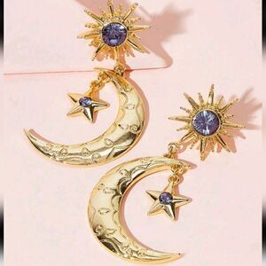 Boho Unique Gold-color Sun, Moon And Stars Shaped Blue Rhineston NWT